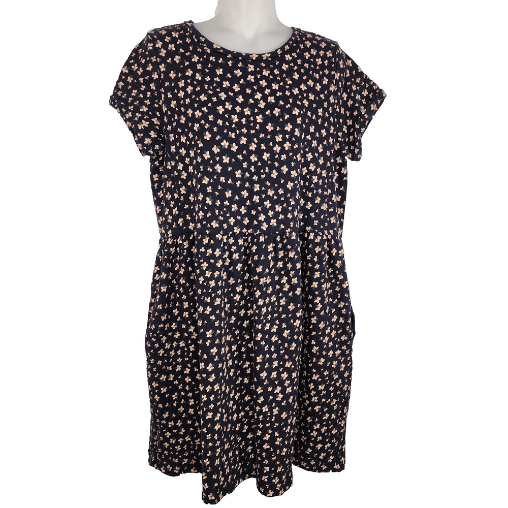 LOFT Womens Mini Fit and Flare Dress Blue Floral Print S Short Sleeve Pockets
